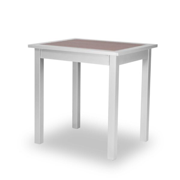 outdoor table, 30 inch by 24 inch, silver frame and mahogany brown table top