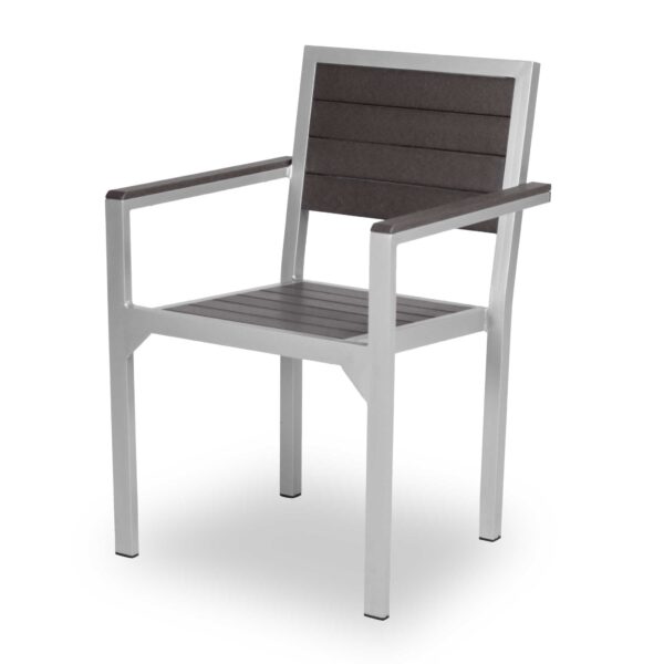 Outdoor dining chair, silver frame and Milwaukee Brown slats