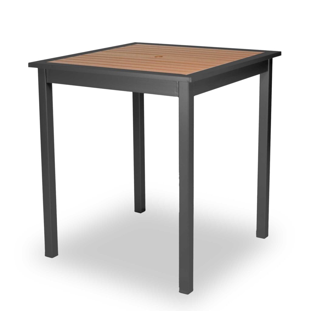 Outdoor bar table, modern design, 36 inch square, black legs and cedar color table top