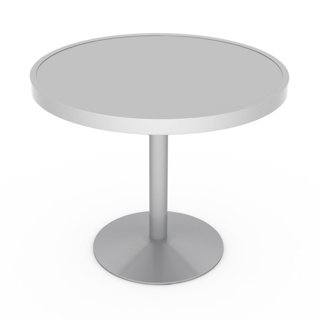 36” round pedestal table , solid top, silver