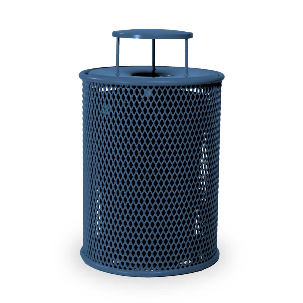 32 gallon trash can, blue, shown with liner and lid with rain cover