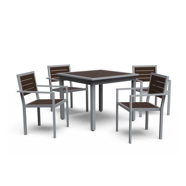 Outdoor dining table and chairs, silver frame, Milwaukee Brown slats