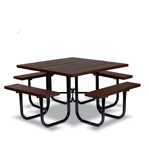 Large brown outdoor table with four benches