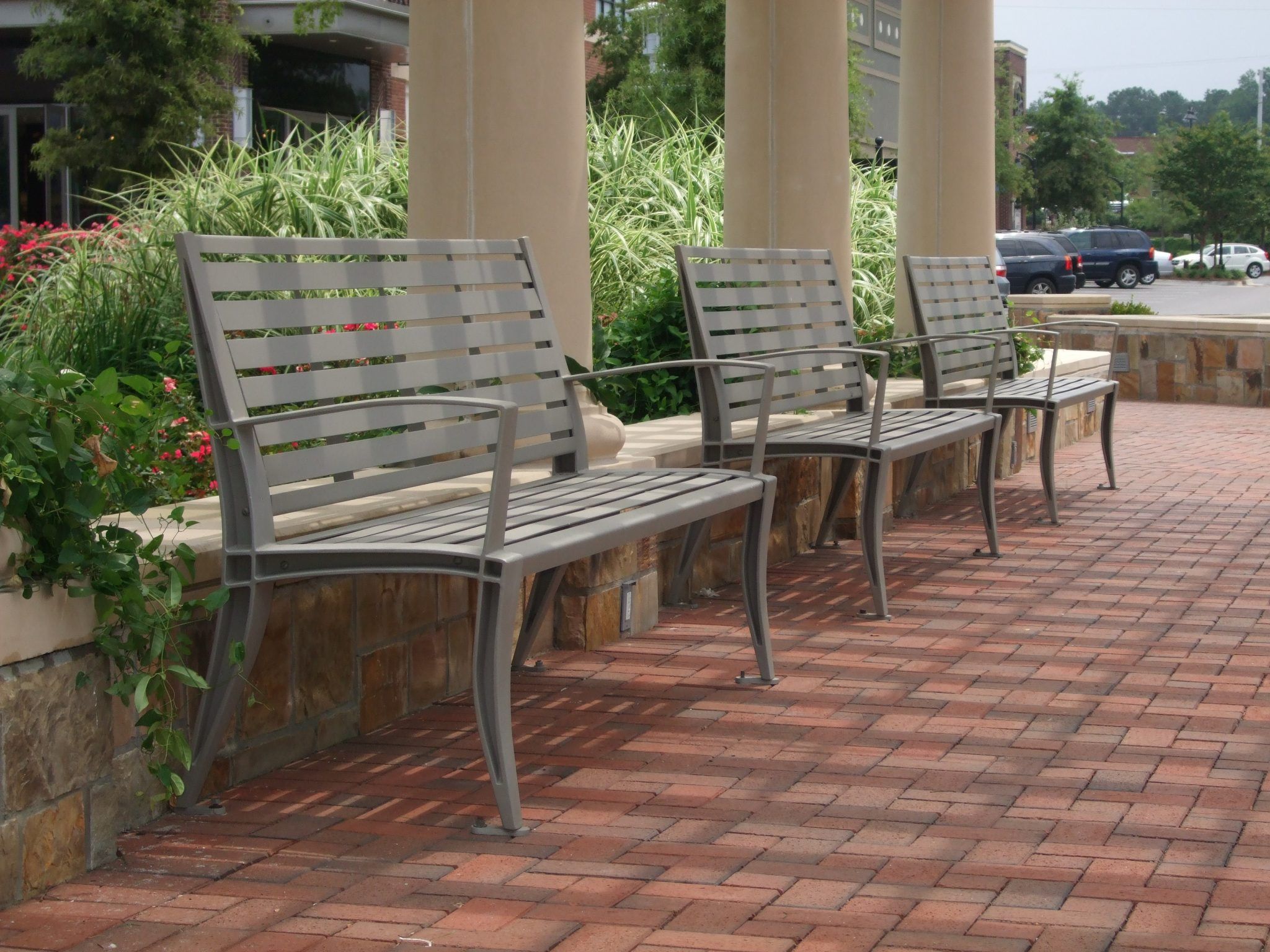 Benches in front of building columns