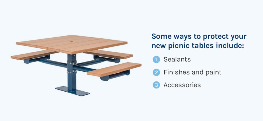 Protect a picnic table with sealants, finishes, paint, and accessories.