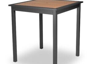 Outdoor bar table, modern design, 36 inch square, black legs and cedar color table top