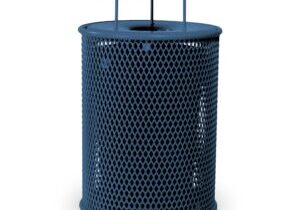 32 gallon trash can, blue, shown with liner and lid with rain cover